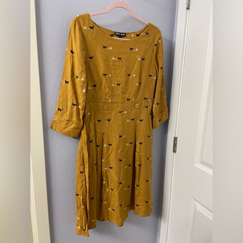 Pretty Vacant Mustard Yellow Cat-Print Midi Dress with Button Waist